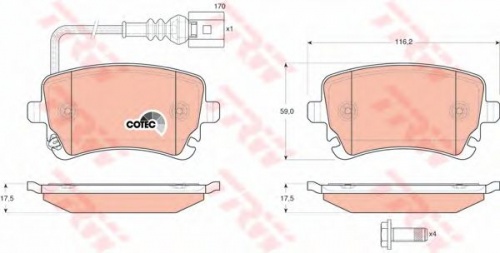 Колодки торм VW T5 зад 16" TRW GDB1557 (+датчик)