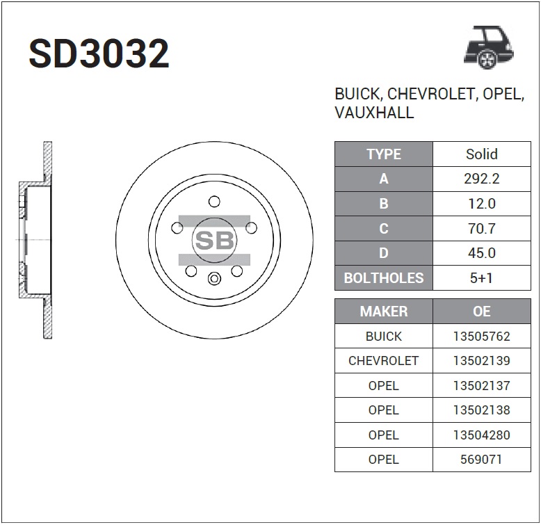 Диск торм OPEL ASTRA J/CHEVROLET CRUZE/ORLANDO 16" задн SANGSIN (292x12) DF6363