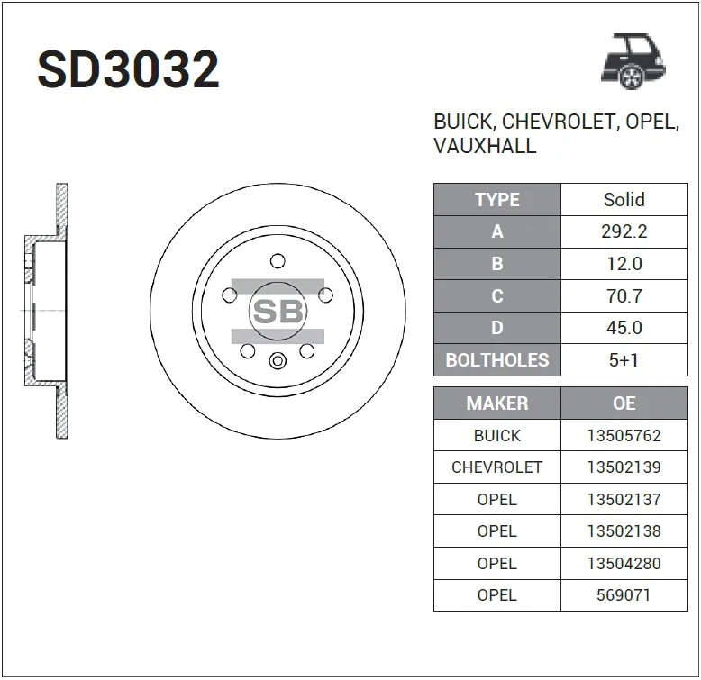 Диск торм OPEL ASTRA J/CHEVROLET CRUZE/ORLANDO 16" задн SANGSIN (292x12) DF6363