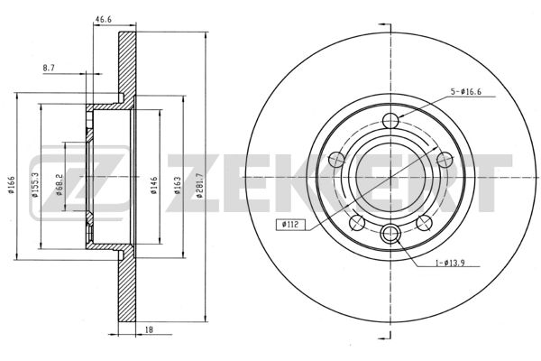 Диск торм VW Т4 96-03 пер 15" невент ZEKKERT DF2810 (282mmx18)