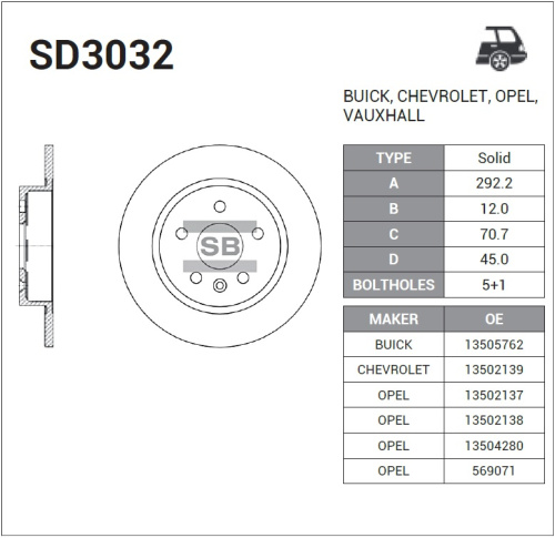 Диск торм OPEL ASTRA J/CHEVROLET CRUZE/ORLANDO 16" задн SANGSIN (292x12) DF6363