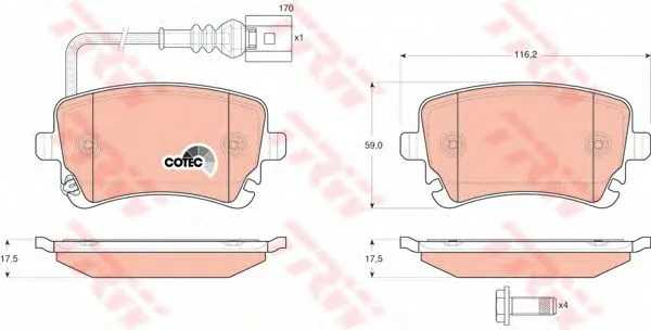 Колодки торм VW T5 зад 16" TRW GDB1557 (+датчик)