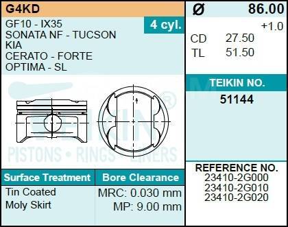 Поршень HYUNDAI/KIA 2.0i 16V G4KD TEIKIN (d86.0+0.5)