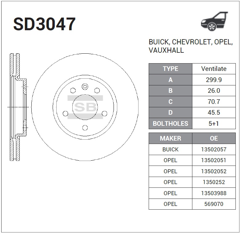 Диск торм OPEL ASTRA J/CHEVROLET CRUZE/ORLANDO 16" пер SANGSIN (300x26) DF7923