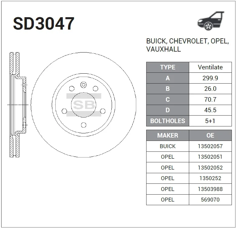 Диск торм OPEL ASTRA J/CHEVROLET CRUZE/ORLANDO 16" пер SANGSIN (300x26) DF7923