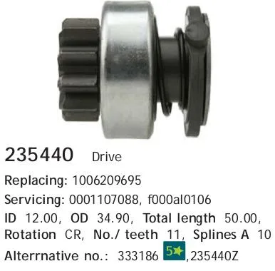Бендикс стартера TOYOTA BOSCH 235440=225652
