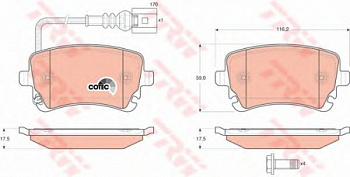 Колодки торм VW T5 зад 16" TRW GDB1557 (+датчик)
