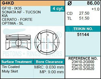 Поршень HYUNDAI/KIA 2.0i 16V G4KD TEIKIN (d86.0+0.5)