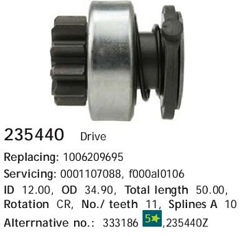Бендикс стартера TOYOTA BOSCH 235440=225652